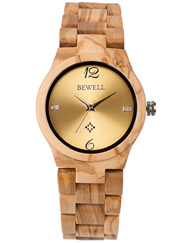 Alienwork Reloj Mujer Amarillo Pulsera de Madera Oro Madera Natural