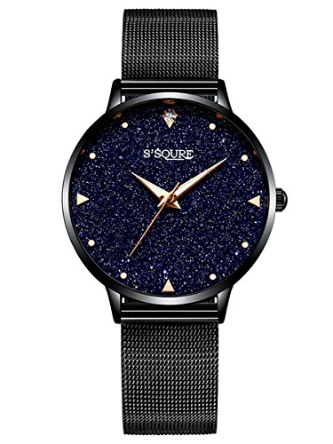 Alienwork Reloj Mujer Negro Banda de Malla Metálica Esfera del mármol Verdadero