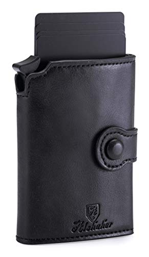 Alshaher Tarjetero para hombre y mujer, cartera para tarjetas de crédito, billetera, slim billetera, negro con compartimento para monedas y embalaje y un lápiz protector RFID