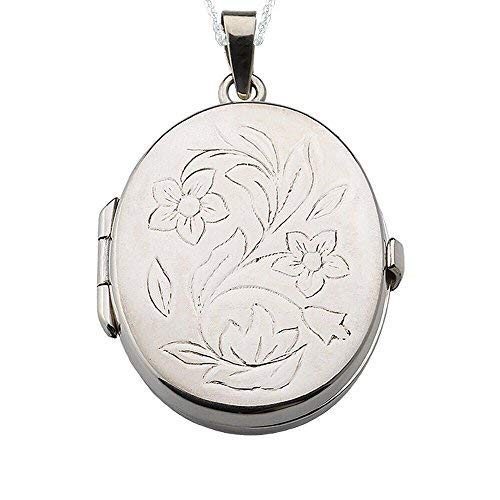 Alylosilver Collar Colgante Guardapelo de Plata De Ley para Mujer Oval con Flores - Incluye Cadena de Plata de 45 cm y Estuche para Regalo