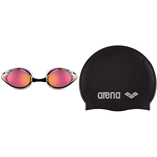 ARENA Tracks Mirror Gafas de Natación, Unisex Adulto, Blanco (revo), Universal + Classic Gorro de Natación, Unisex Adulto, Negro (Black/Silver), Talla Única