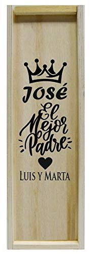 Arte-Deco Caja Madera Personalizada para 1 Botella Vino Día del Padre Corona Mejor Padre Regalo Grabado Práctico Elegante Divertido Original Obsequio Celebraciones Día Padre Cumpleaños Aniversarios