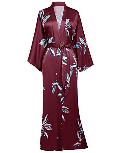 BABEYOND Bata de mujer con estampado de hojas, larga, kimono, verano, de satén, para la playa, ligera, para dormir borgoña Tallaúnica