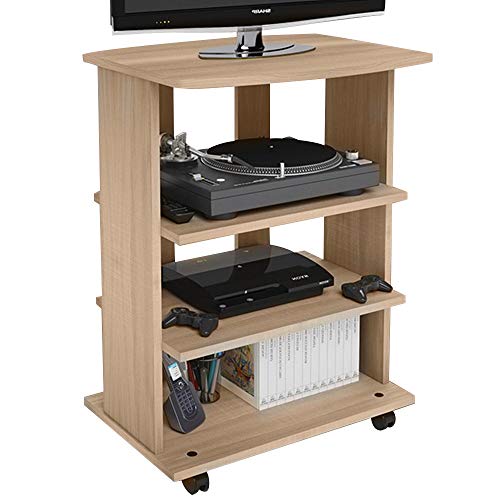 Bakaji Mueble para TV de Madera MDF con 3 estantes para Consola de Videojuegos, DVD y 4 Ruedas, Mueble con Carro para televisión de diseño Moderno, Dimensiones 60 x 45 x 80,5 cm (Roble)