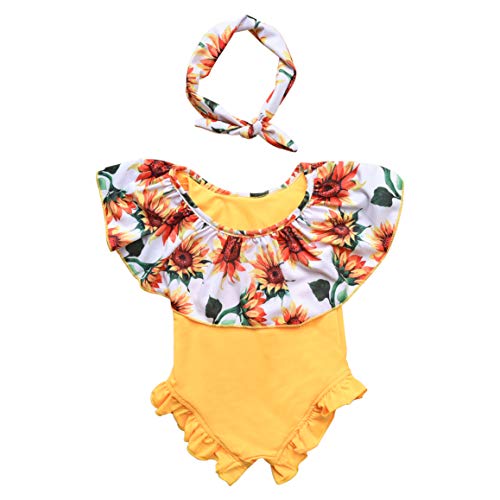 Bañador para Niña Bebé Recién Nacido de Una Pieza 2 Unidades 1 Bañador Cuello Estampado Girasol + 1 Diadema Girasol Verano Playa Piscina Vacaciones (Amarillo, 70)