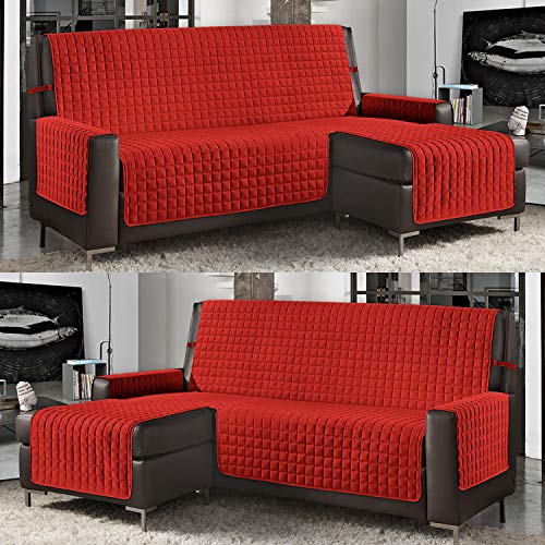 Banzaii Funda de Sofá Cubre Chaise Longue Acolchada Lisa 3 Plazas (240 cm) con Chaise Longue Izquierda/Derecha Rojo