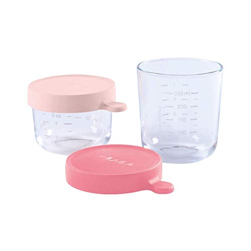 BÉABA Tarros de Conservación para Bebé, Tupper en Cristal, Resistente al calor, Recipientes para guardar la comida de Bebé, Con indicador de cantidad, 1x 150ml + 1x 250ml, Rosa