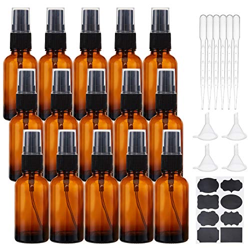 BENECREAT 15 Pack 30ml Botella de Spray de Vidrio Ámbar Botella Vacía de Aerosol de Viaje de Niebla Fina con Bomba, 4 Embudos, 10 PCS Pipetas para Aceites Esenciales, Perfumes, Cosméticos