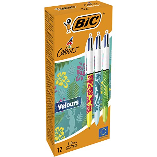 BIC 4 colores Velours - Caja de 12 unidades, bolígrafo motivos Naturaleza punta media (1,0 mm)