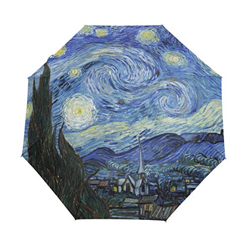 BIGJOKE Paraguas de 3 pliegues con apertura automática Van Gogh con diseño de noche estrellada, resistente al viento, ligero, para viajes, para niños, niñas, hombres y mujeres