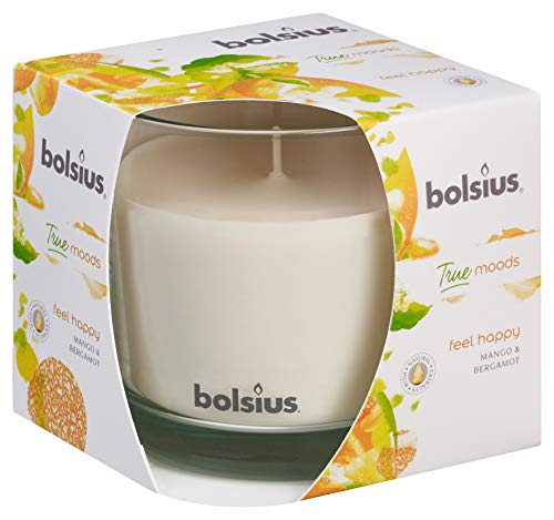 Bolsius Vela perfumada de cristal grande Feel Happy (mango, bergamota, melocotón y naranja), cera, color blanco