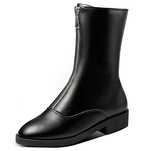 Botas De Mujer, Botas De Tacón Bajo Para Mujer, Botas Martin, Botas De Invierno A Media Pierna Con Cremallera Dorada,Negro,39EU