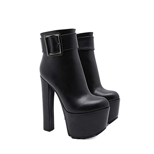 Botas Media Mujer Redonda Invierno, Corta Felpa Cálidos Tacones Altos Cremallera Lateral Botas Nieve Tobillo, Moda Cómodo Tacón Grueso Martin Alto Cabeza Tacones,Negro,35