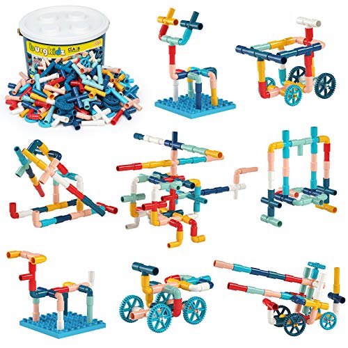 burgkidz 252 Piezas Tubo Construcción Bloques, Aprendizaje y Actividades Creativas Stem Ensamblar de Juguetes, Juegos de Construcción con Ruedas y Placas Base para niños, Macaron