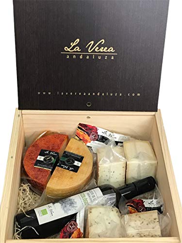 Caja Regalo GOURMET (PACK F) - GRANDE - 2 QUESOS LECHE CRUDA Vaca + 4 QUESOS de Vaca con ESPECIAS + Botella ACEITE A.O.V.E. ECO 100% Monovarietal Arbosana.) - Marca La Verea Andaluza.