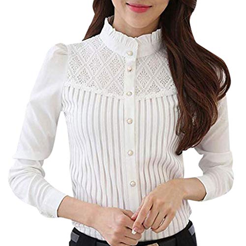 Camisa de Mujer,riou Camiseta de pie con Encaje Camisa de Gasa de Manga Larga y Delgada Casual Oficina Elegantes T Shirt Blusa Sexy Botón Señoras Tops riou