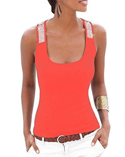 Camiseta Sin Mangas Clásico para Mujer Lentejuela Correa Tops Rojo Naranja S