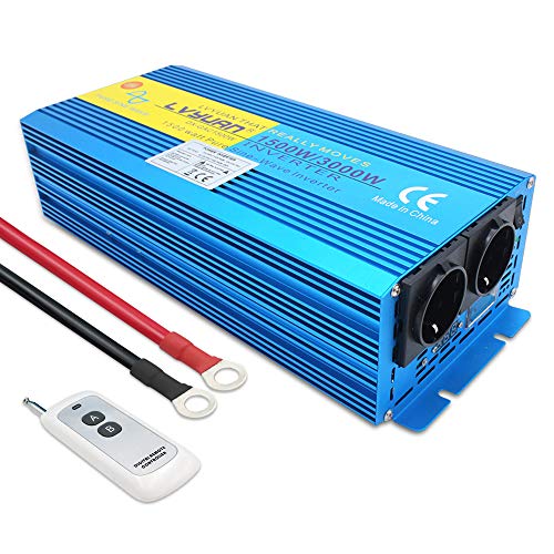 Cantonape 1500w/3000w Inversor de Corriente Onda Sinusoidal Pura ,Transformador de 12v a 230v, Inversor con Mando a Distancia & 2 Toma EU Y LCD+LED  para Coche Caravana Barco cámping.