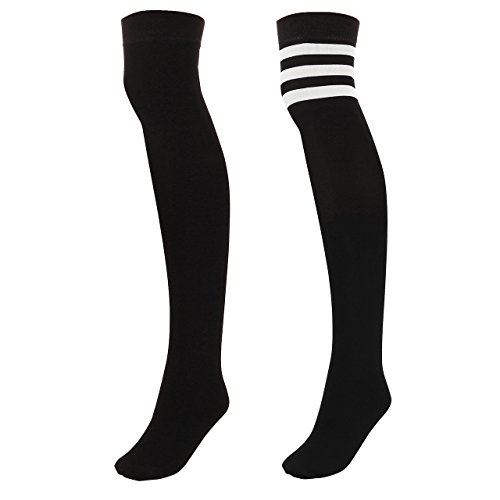 CHIC DIARY Medias largas por encima de la rodilla para mujer, color negro, para niñas, a rayas, para disfraz de animadora 2 pares. Talla única