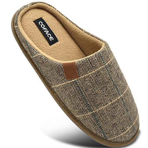 COFACE Khaki Zapatillas de Estar en Casa Hombre Tartán Invierno Forro de Cálido Pantuflas Alta Densidad Espuma de Memoria Zapatos con Antideslizante Suela Tallas 43