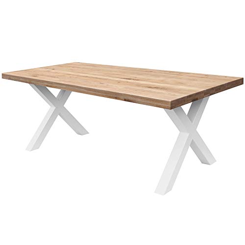 COMIFORT Mesa de Comedor - Mueble para Salon Oficina Despacho Robusto y Moderno de Roble Macizo Color Dorado, Patas de Acero X-Forma Blancas (130x75 cm)