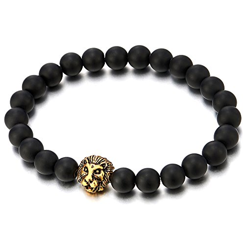 COOLSTEELANDBEYOND Perla Cuentas de 8MM Ónix Negro, Pulsera de Hombre con Color Oro Cabeza de León, Brazalete, Buddhist Prayer Mala