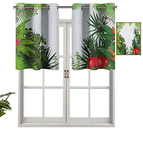 Cortinas cortas con ojales en la parte superior, diseño de flores de hibisco, plumería, crepé, jengibre, hojas de anturio, juego de 1, 127 x 45 cm, decoración para baño/dormitorio/sala de estar