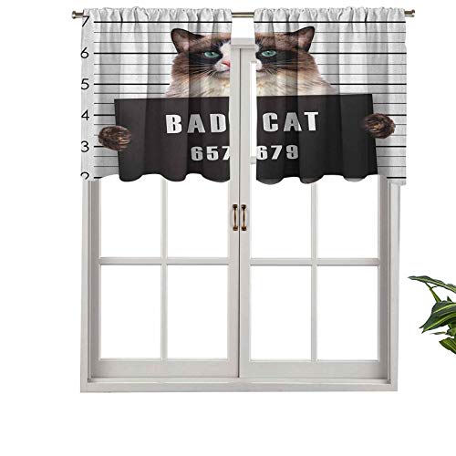 Cortinas cortas, opacas con bolsillo para barra, diseño de gato en la cárcel, gatito bajo arresto, juego de 2, cenefas pequeñas de media ventana de 106,7 x 60,9 cm para dormitorio