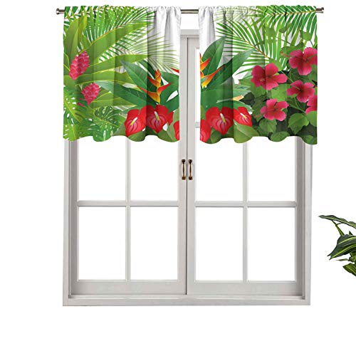 Cortinas opacas con dobladillo para barra, diseño de bosque exótico tropical, hibisco, rojo, jengibre, flores de anturio, juego de 1, 127 x 45 cm para sala de estar, dormitorio, decoración del hogar