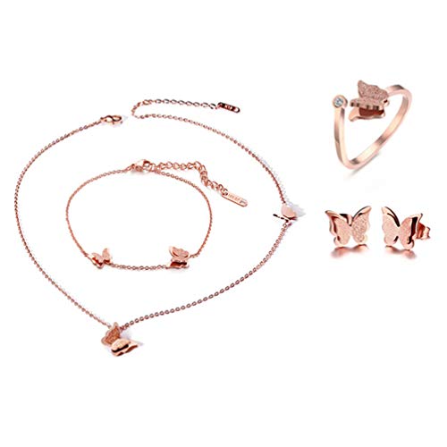 Cupimatch [4 unidades] de combinaciones, collar, pulsera, pendientes, anillo de mariposa de acero inoxidable, mujer, oro rosa, regalo perfecto (4 juegos)