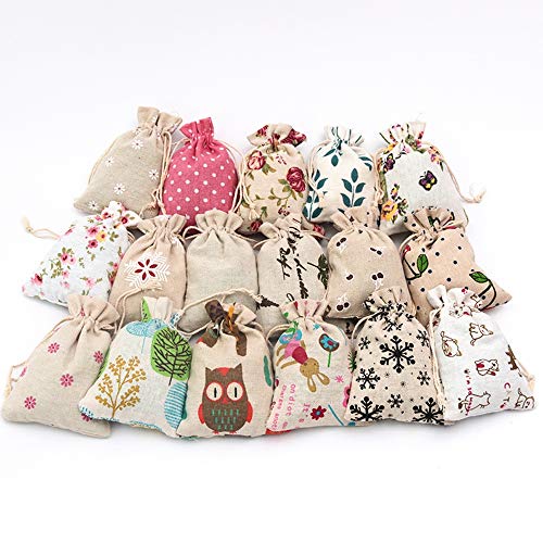 CZSM 50 pcs 13x18cm Bolsas de arpillera, Bolsa de algodón Impresa Bolsas de Regalo con Lazo de Navidad, para Bodas/Fiestas/Cumpleaños,Mixedcolour