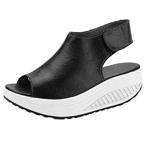 DAFENP Sandalias Plataforma Mujer Verano Sandalias Cuña Comodas Cuero Zapatos Tacon para Caminar LX908-2-black-EU36