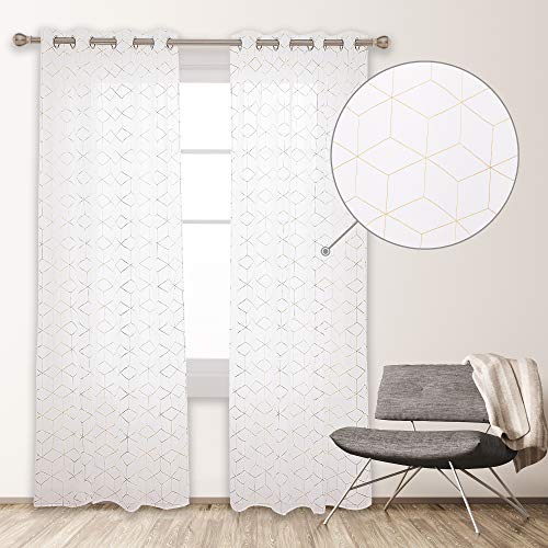 Deconovo Cortinas Visillos Salon Modernos Diseño Cubo Geométrico Dorados, 100% Poliéster, 135 x 240 cm