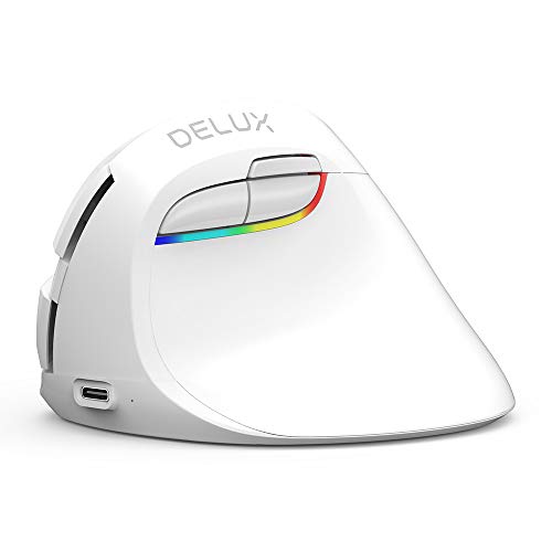 DELUX Ratón Vertical Inalámbrico, Ratón Ergonómico con BT4.0 y 2.4G Inalámbrico, Batería recargable integrada, Diseño Silencioso, 6 Botones y 4 Niveles DPI, Ratón óptico de PC con Luz RGB(Blanco)