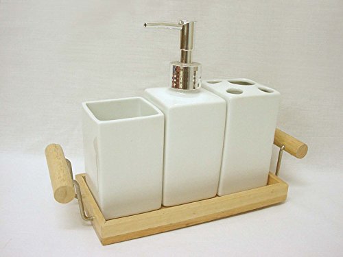 Desconocido Conjunto 3 Piezas BAÑO Accesorios SOBREMESA Lavabo Porcelana Madera DOSIFICADOR Vaso CEPILLOS Dientes