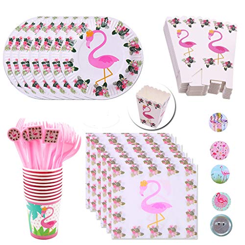 DreamJing - Vajilla de 96 piezas, kit de Flamingo Party Tropical, platos con servilleta de papel, vasos de cartón, tenedor, caja de palomitas para decoración de bodas, cumpleaños, tropical