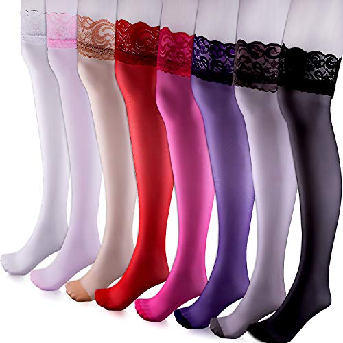 Duufin 8 Pares Medias Altos Encaje Sexy Medias Muslo para Mujer, 8 Colores