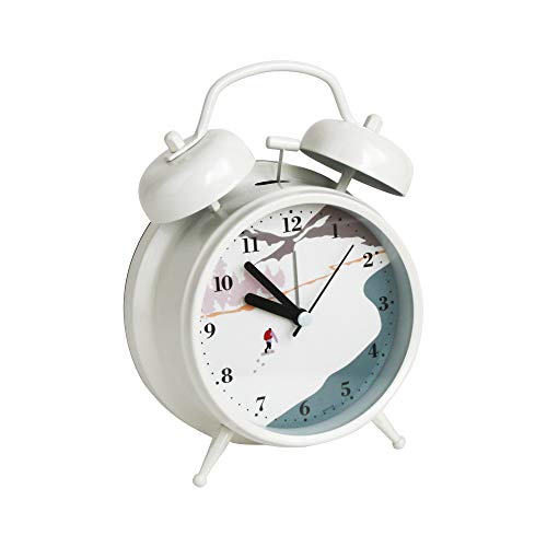 Emartbuy 4 Pulgadas Sin Tic TAC Mesilla de Noche/Mesa Reloj Despertador de Cuarzo con Luz de Fondo, De Pilas Reloj de Viaje, Redondo y Ruidoso Reloj de Alarma de Doble Campana - Paisaje Blanco