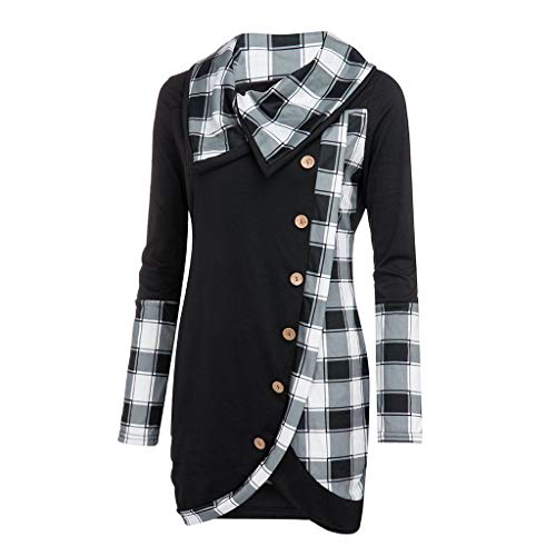 Emeinkei Blusa Mujer Manga Larga Plaid Cuello Alto Tartán Túnica Sudadera Pullover Tops(Negro-14,L)