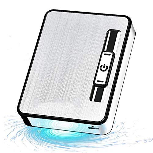 Estuche para Cigarrillos para Hombre Porta Cigarrillos De Aluminio Estuches para Cigarrillos Portátiles De Metal 2 En 1 Caja De Cigarrillos Electrónica Recargable Sin Llama A Prueba De Viento,Plata