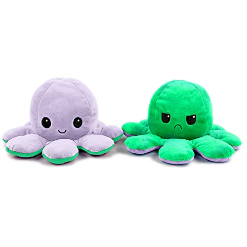 EUROXANTY Peluche Pulpo Reversible | Peluche emociones | Pulpo de Colores | Peluche Blando | 2 Caras | Pulpo Contento | Pulpo enfadado | 20 cm | Verde - Lila