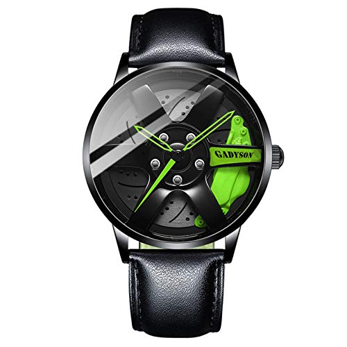 EVANA único Reloj Hombres Llantas Hub Reloj Deportivo Coche Rueda diseño Reloj de Correa Impermeable Mecanismo de Cuarzo (Verde)