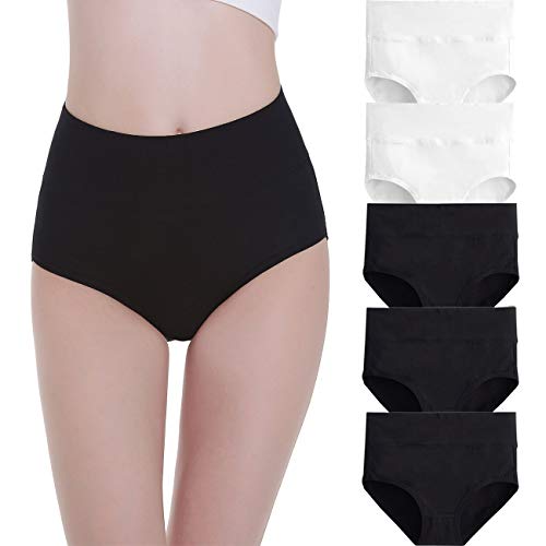 FALARY Bragas Algodón Mujer Cintura Alta Pack de 5 Negro Blanco L