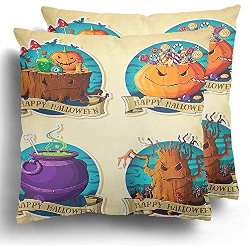 Federa per cuscino Spooky Of Halloween Etichette vintage Zucche Dolci Albero Calderone Ceppo Grin Fodera per cuscino in poliestere 45X45 cm