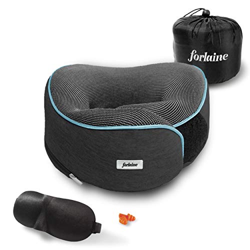 FORLAINE Almohada de Viaje Viscoelástica (Memory Foam) - Ajustable con Velcro - Soporte de 360 Grados para Cuello y Hombros - Suave, Transpirable, Material Plegable, Funda Extraíble