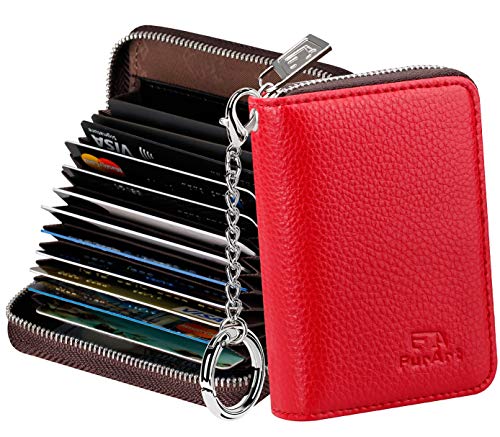 FurArt Cartera para tarjetas de crédito, con cremallera, para hombres y mujeres, bloqueo RFID, llavero, ranuras 14, tamaño compacto, Rojo, (b) Small S