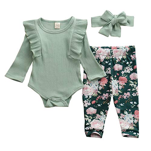 Geagodelia Conjunto de ropa para bebé niña de manga larga, pelele + pantalón de flores + cinta para la cabeza, para recién nacidos, ropa cálida para bebés T-38207 verde 12-18 Meses