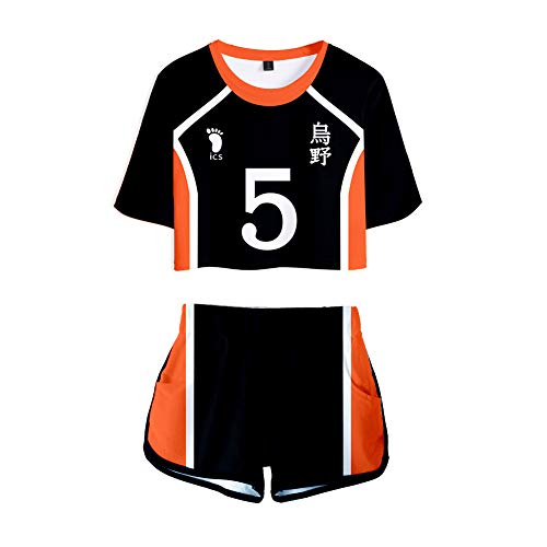 GGOODD Anime Haikyuu !! Disfraz de Cosplay Karasuno High School Voleibol Club Mujer 3D Expuesto Ombligo Corto T Casual Pantalones Cortos Traje Voleibol Ropa Deportiva Uniforme,5,L