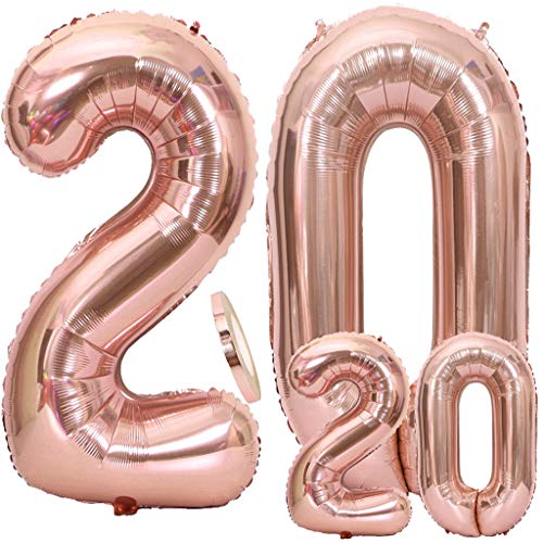 Globos Número 20 Cumpleaños Oro Rosa, Helio Globo de Papel Aluminio Gigante Número 20 en 2 Tamaños 40"y 16" con Cinta | Set XXL 100cm + Mini 40cm | Cuatro Numeros | Ideal Decoración de Fiesta