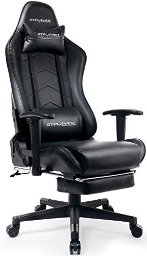 GTPLAYER Silla Gaming Escabel Escritorio Oficina Cuero Ordenador Gamer Silla Asiento Engrosado Ergonomica con Cojín Reposabrazos 2D Ajustables Respaldo Reclinable Negro